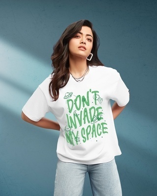 Shop Women's White Don't Invade Graphic Printed Oversized T-shirt-Front