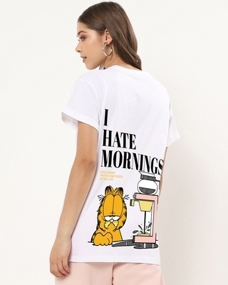 Shop Women's White Garfield Hates Mornings Graphic Printed Boyfriend T-shirt-Front