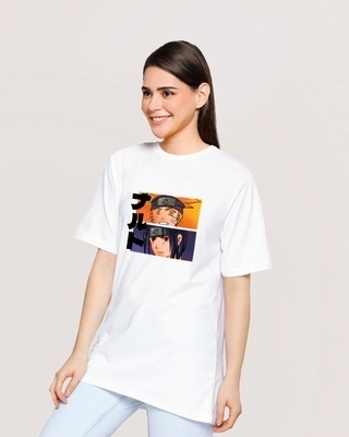 Shop Women's White Naruto & Sasuke Graphic Printed Oversized T-shirt-Front