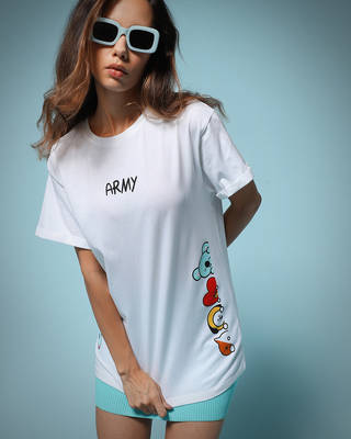 Women's White Peeking Army Graphic Printed Boyfriend T-shirt