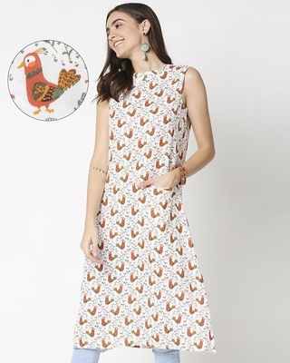 Shop Women's White Printed Sleeveless Kurti Dress-Front