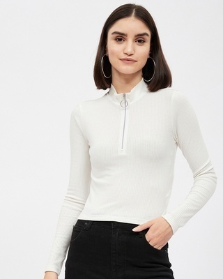 Shop Women's White RayonHigh Neck Long Sleeve Top-Front