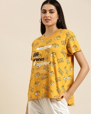 Shop Women's Yellow Retro Printed Oversized T-shirt-Front