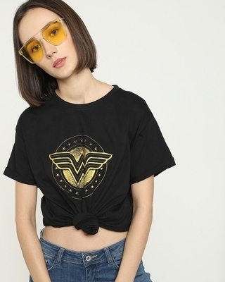 Shop Wonder Woman Gold Plated Logo Boyfriend T-Shirt Black (DCL)-Front