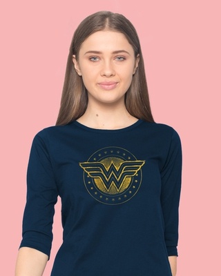 Shop Wonder Woman Gold Plated Logo Round Neck 3/4th Sleeve T-Shirt Navy Blue (DCL)-Front