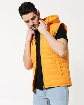 Shop Yellow Plain Sleeveless Puffer Jacket with Detachable Hood-Front