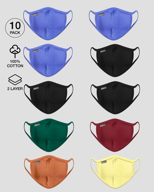 Shop 2-Layer Protective Mask -Pack of 10 (Blue Haze, Jet Black, Green, Red,Vintage Orange,Pastel Yellow)-Front