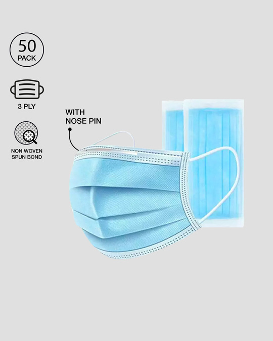 Shop 3 Ply Disposable Mask with Nose Pin - Pack of 50-Front