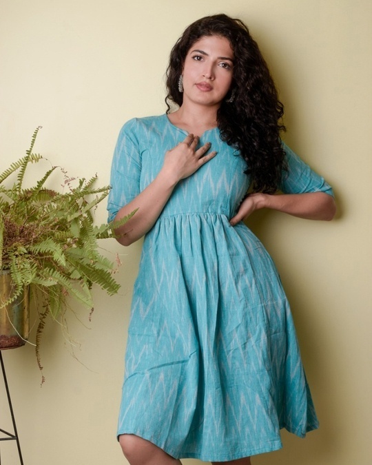 MINARA COTTON IKAT PRINT DRESS, Cotton Dress, Byzantine/Bosphorous (Blu /  Multi) - Ahilaya