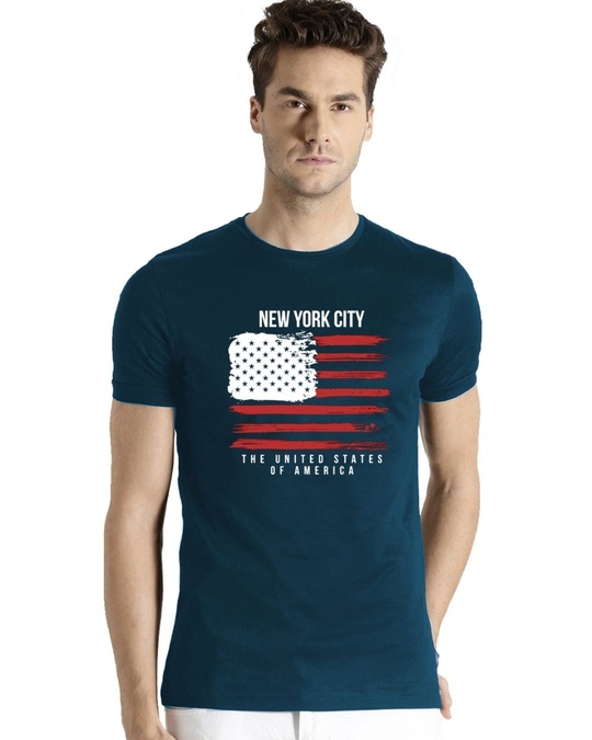 Shop Men's Blue USA American Flag Printed Cotton T-shirts-Front