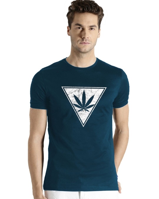 Shop Men's Blue Weed Leaf Printed Half Sleeve T-shirt-Front