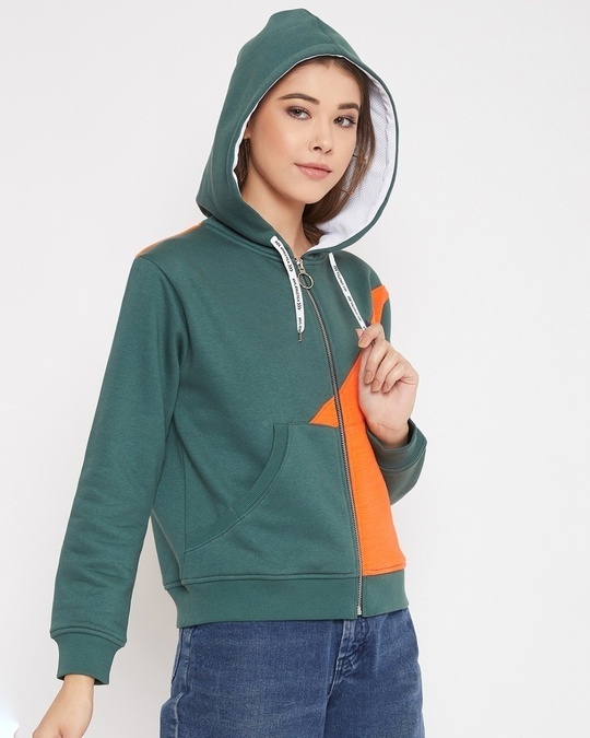 Shop Women's Green & Orange Regular Fit Hoodie-Full