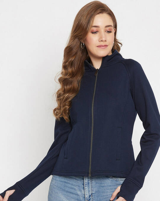 Shop Women's Navy Blue Fleece Classic Jacket-Front