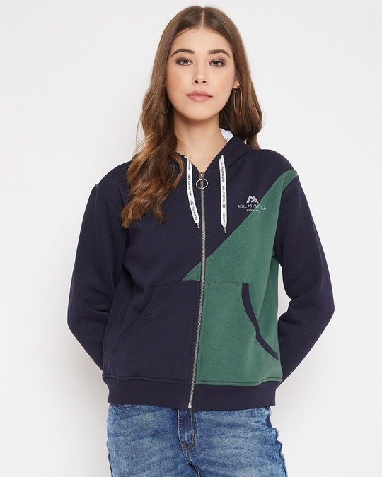 Shop Women's Navy & Green Regular Fit Hoodie-Front