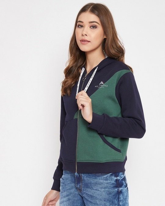 Shop Women's Navy & Green Regular Fit Hoodie-Back
