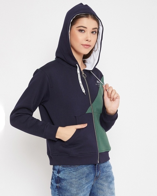 Shop Women's Navy & Green Regular Fit Hoodie-Full