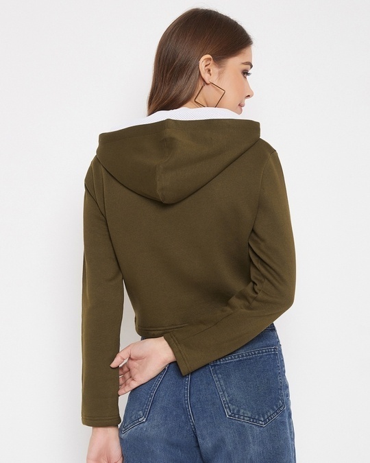 Shop Women's Olive Regular Fit Crop Hoodie-Design