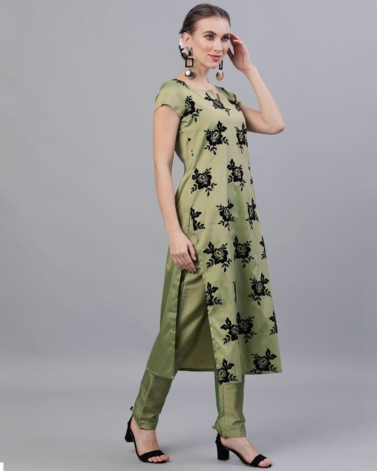 Shop Green & Black Flock Printed Straight Kurta With Pant Set-Full