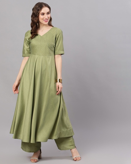 Shop Green Chinnon Sequence Work Anarkali-Front