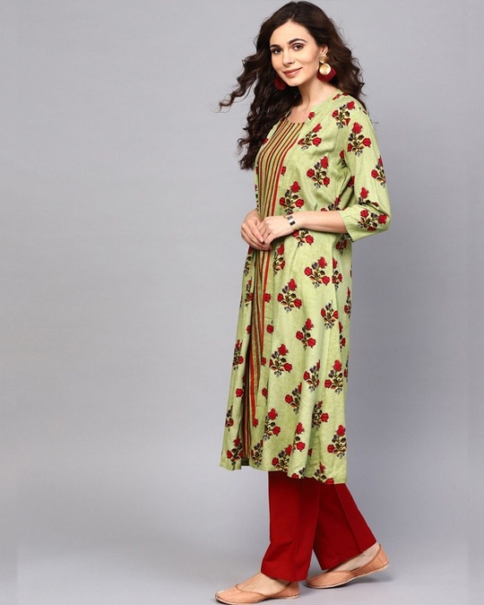 Shop Green Floral Printed Double Layered A Line Kurta-Design