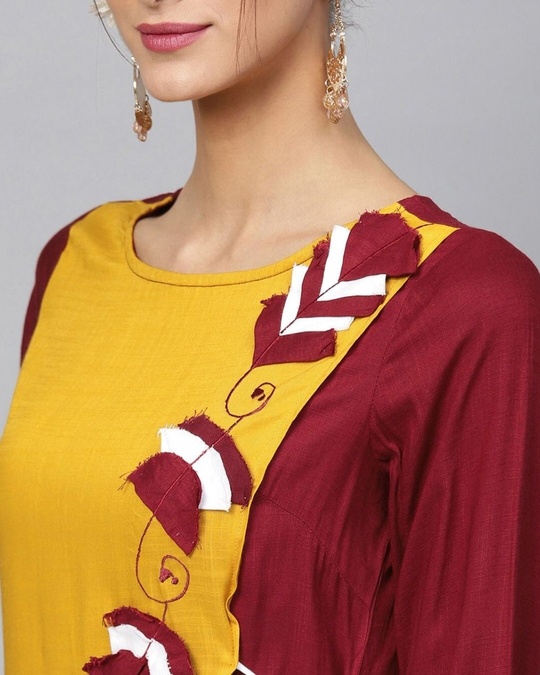 Shop Maroon & Yellow Embroidered Straight Kurta-Full