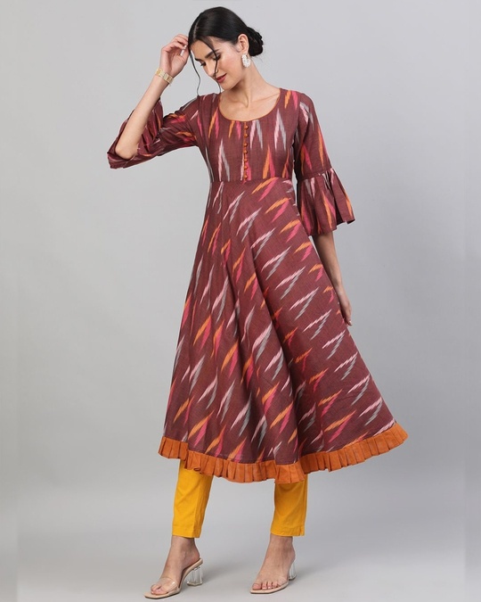 Shop Maroon Ikat Handloom Woven Design Flared Anarkali-Front
