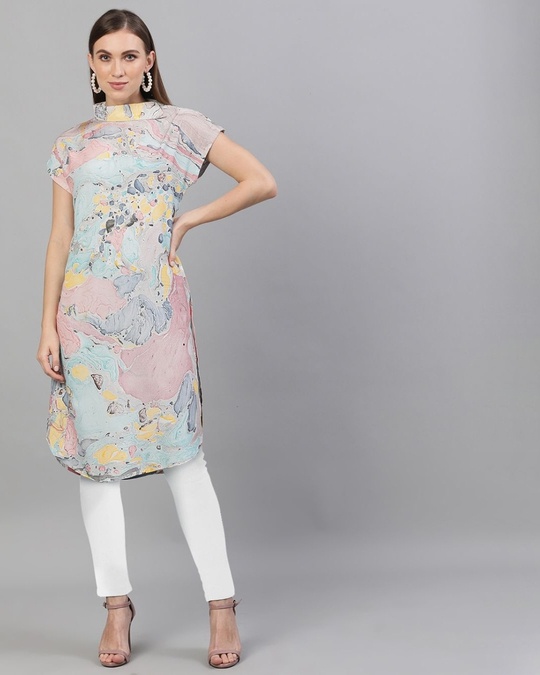 Shop Multicolor Marble Printed Extended Sleeve Kurta-Front