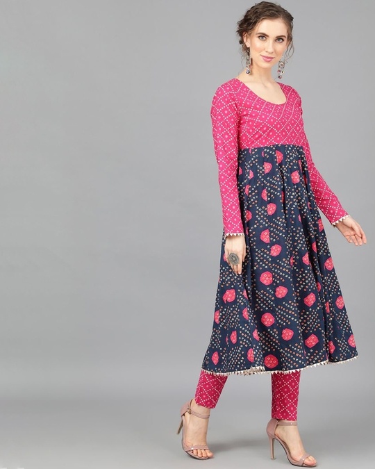 Shop Navy Blue & Pink Bandhani Printed Anarkali-Design