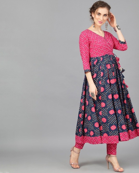 Shop Navy Blue & Pink Bandhani Printed Angrakha Style Anarkali-Design