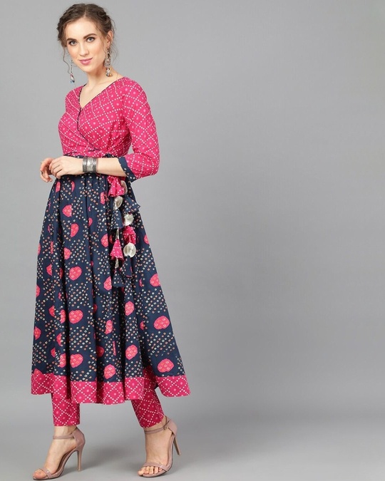 Shop Navy Blue & Pink Bandhani Printed Angrakha Style Anarkali-Full