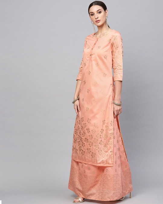 Shop Peach Gold Printed Kurta Set With Skirt-Design