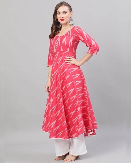 Shop Pink & White Ikat Handloom Woven Design Anarkali-Full