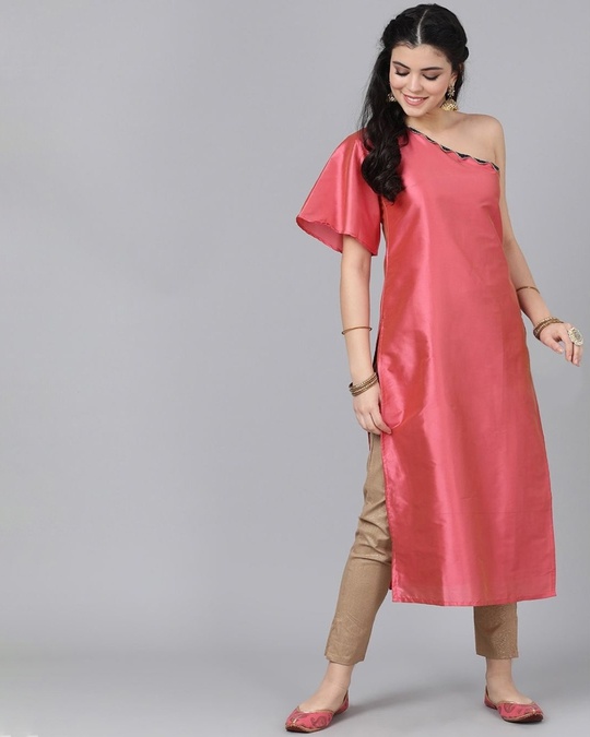 Shop Pink Zari Boota One Shoulder Kurta With Lining-Front