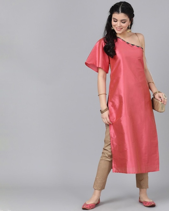Shop Pink Zari Boota One Shoulder Kurta With Lining-Design
