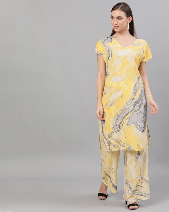 Shop Yellow & Grey Marble Printed Extended Sleeve Kurta-Front