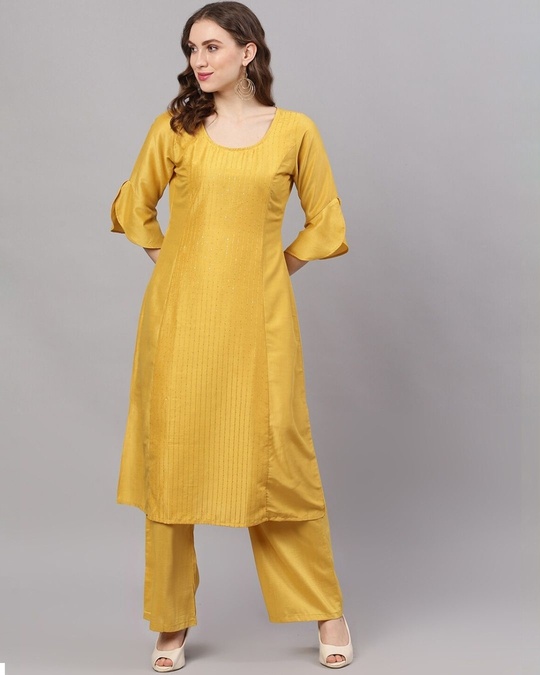 Shop Yellow Chinnon Sequence Work A Line Kurta With Palazzo-Front