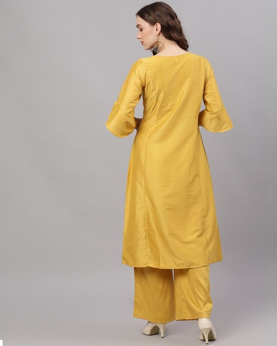 Shop Yellow Chinnon Sequence Work A Line Kurta With Palazzo-Back