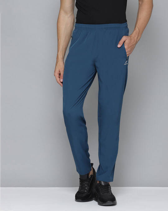 Shop Men Blue Solid Slim Fit Knitted Track Pants-Front