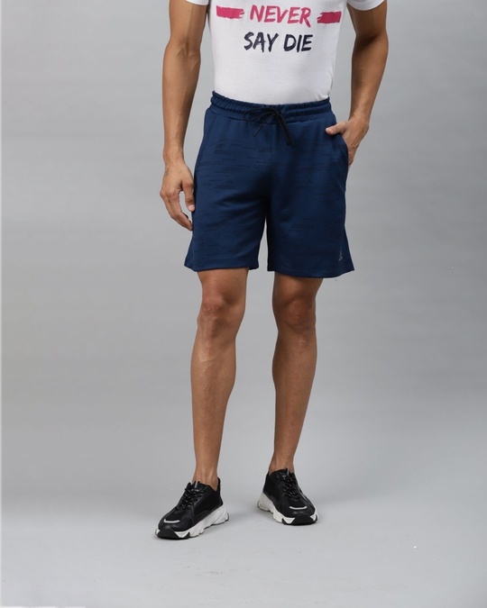 Shop Men Navy Blue Black Printed Slim Fit Sports Shorts-Front