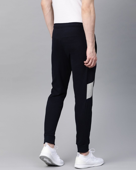 Shop Men Navy Blue Straight Fit Solid Joggers-Back