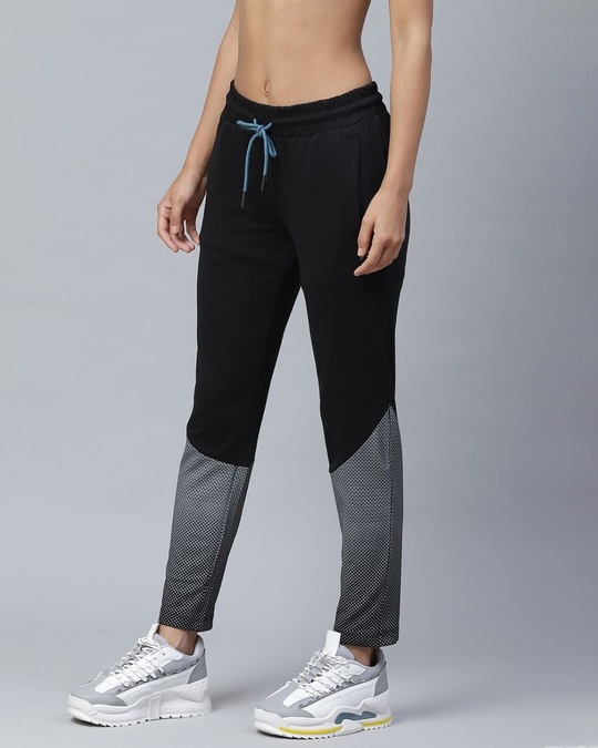Shop Women Black & Grey Geometric Print Slim Fit Track Pants-Design