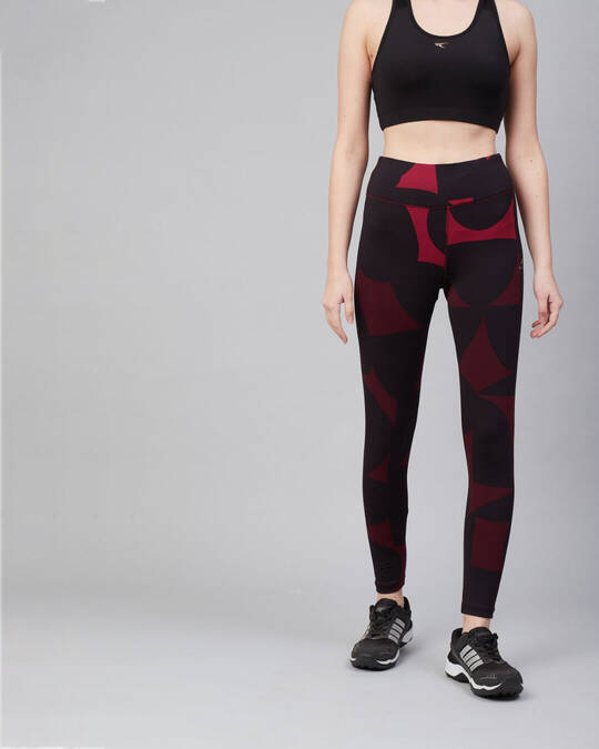 Shop Women Black & Red Printed Training Tights-Front