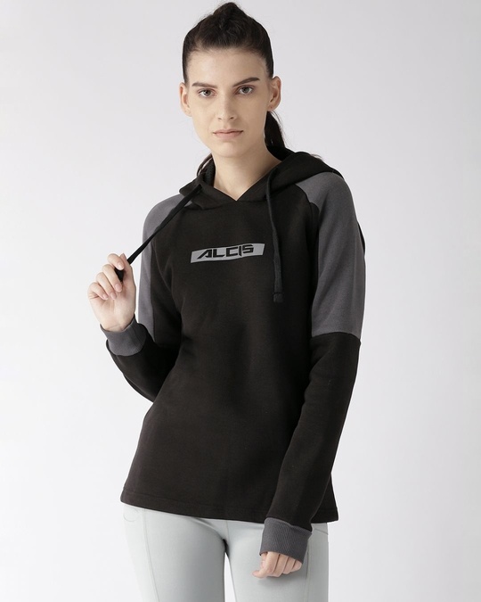Shop Women Black Printed Slim Fit Sweatshirt-Front