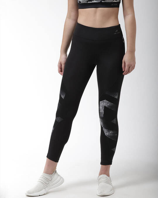 Shop Women Black Printed Training Cropped Tights-Front