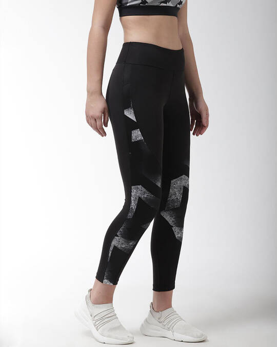 Shop Women Black Printed Training Cropped Tights-Design