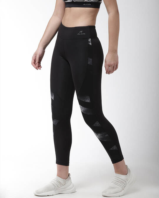 Shop Women Black Printed Training Cropped Tights-Full