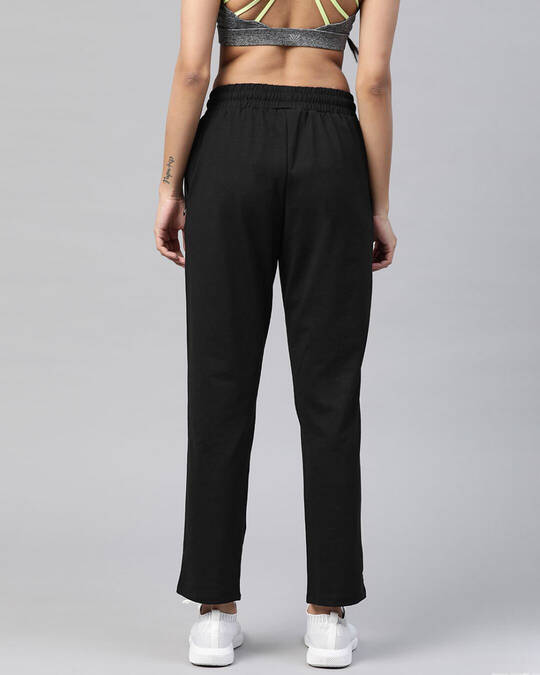 Shop Women Black Slim Fit Solid Knitted Track Pants-Back