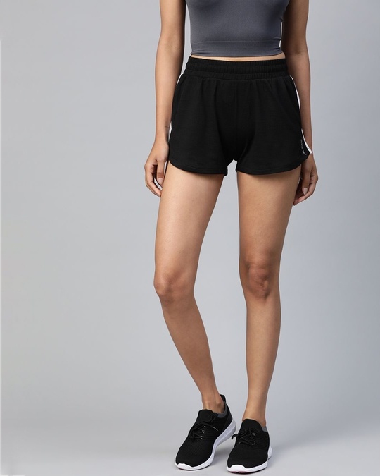 Shop Women Black Waffle Pattern Regular Fit Sports Shorts-Front