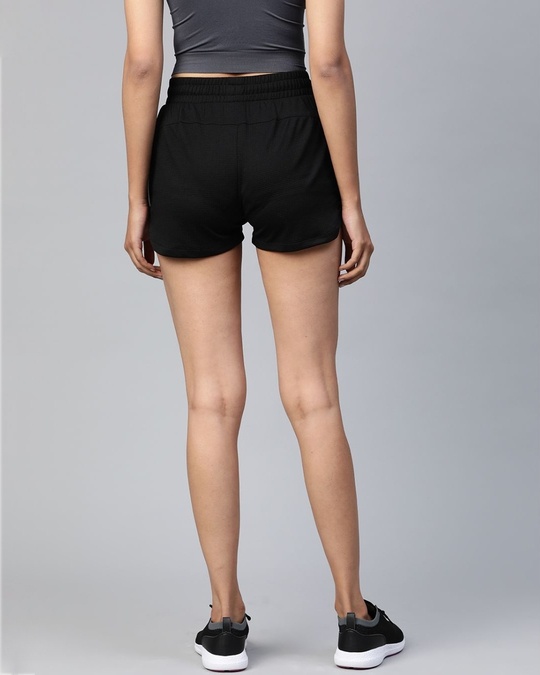 Shop Women Black Waffle Pattern Regular Fit Sports Shorts-Back