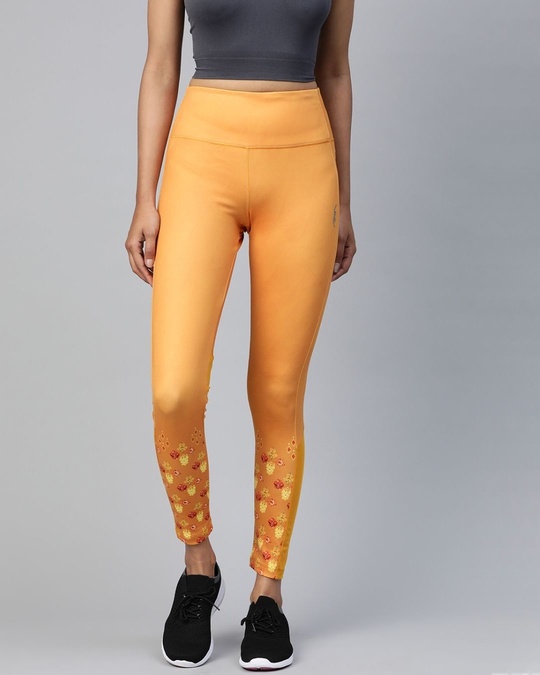 Shop Women Mustard Yellow Printed Detail High Rise Tights-Front